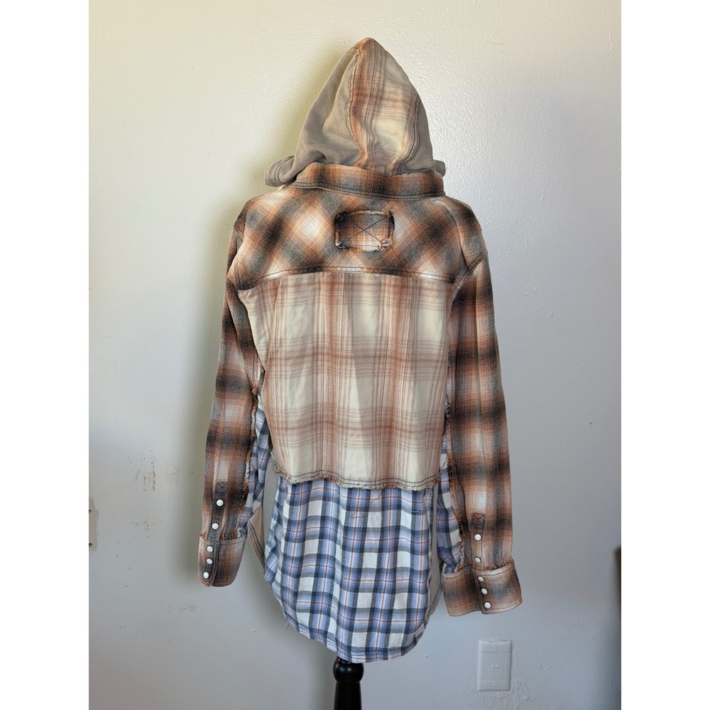 We The Free Large Patchwork Plaid Hooded Flannel Shirt Jacket Shacket Oversized - Picture 3 of 9